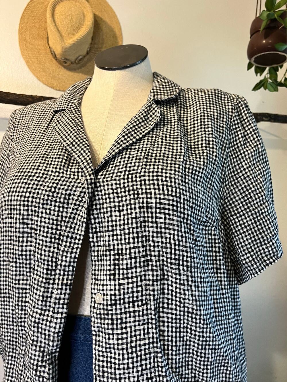 Quince 100% European Linen Gingham Black Short Sleeve Blouse Top Size XL